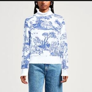 Moschino Anime Toile De Jouy Frill Trim Blue White Jeremy Scott Pullover Top 6